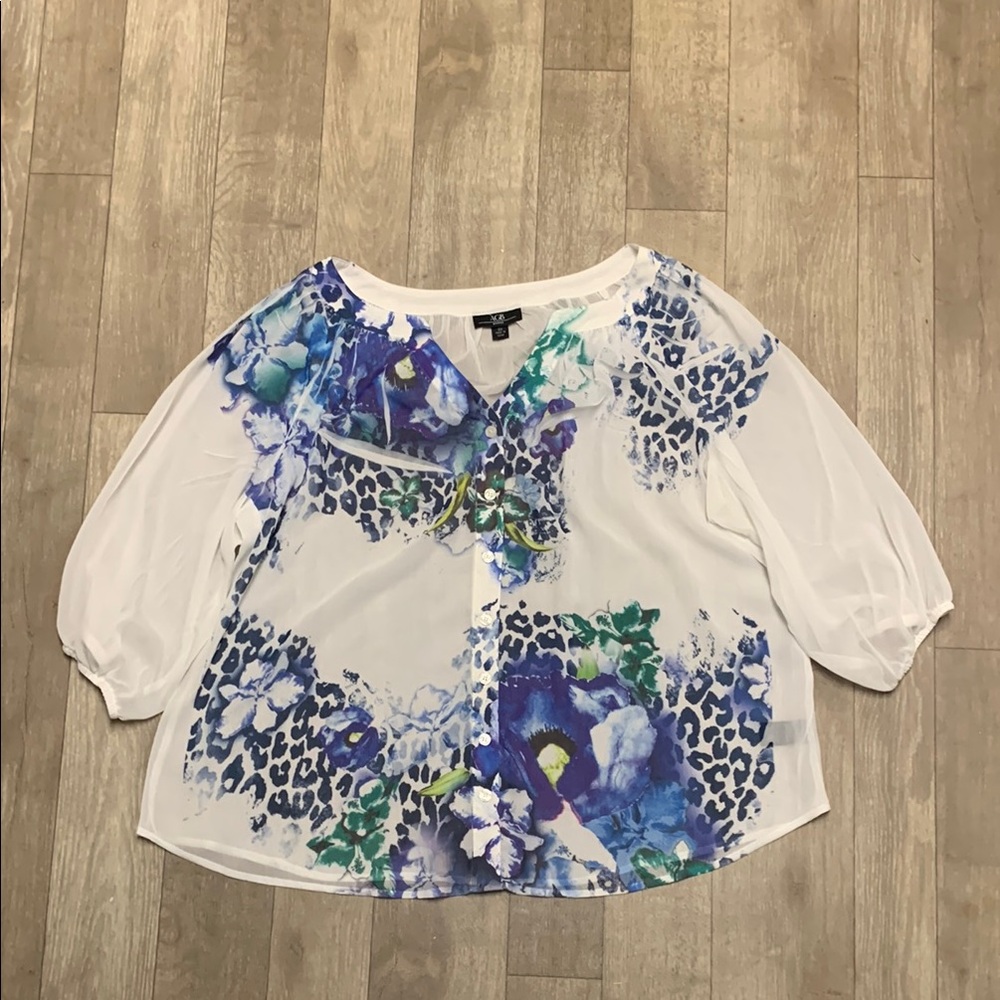 Womens AGB Floral Sheer Button Up 3/4 Sleeve‎ Blouse Top Shirt